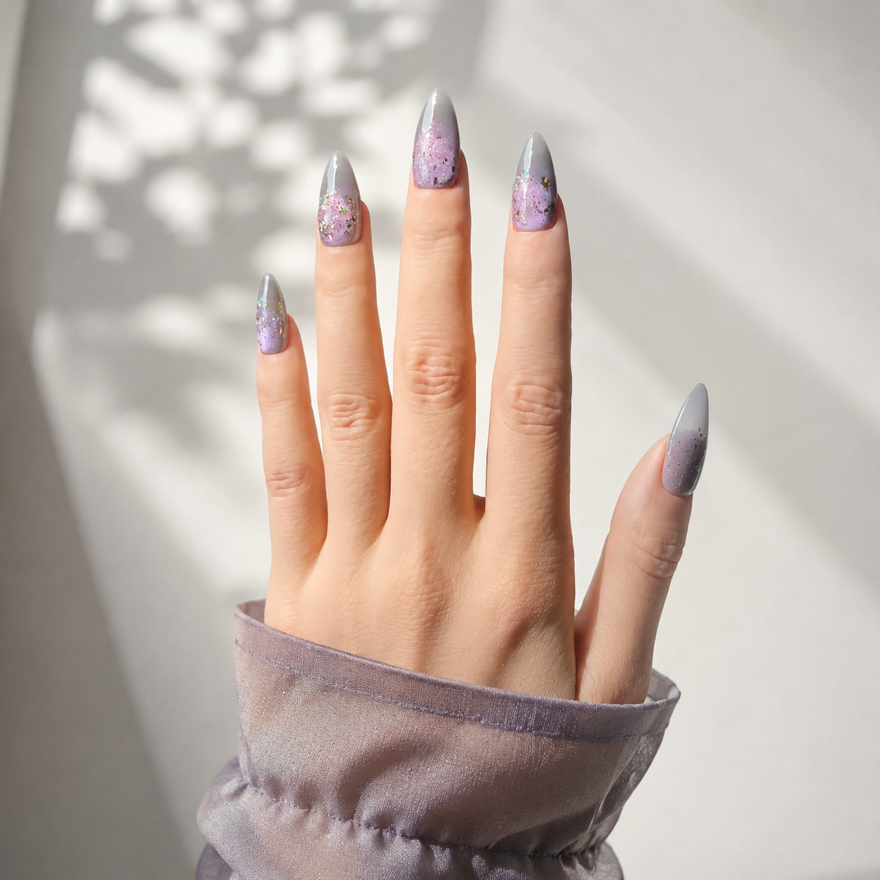 Handmade icy lavender galaxy press on nails aurora chrome glitter starry medium almond set-Frosted Violet Nebula A032