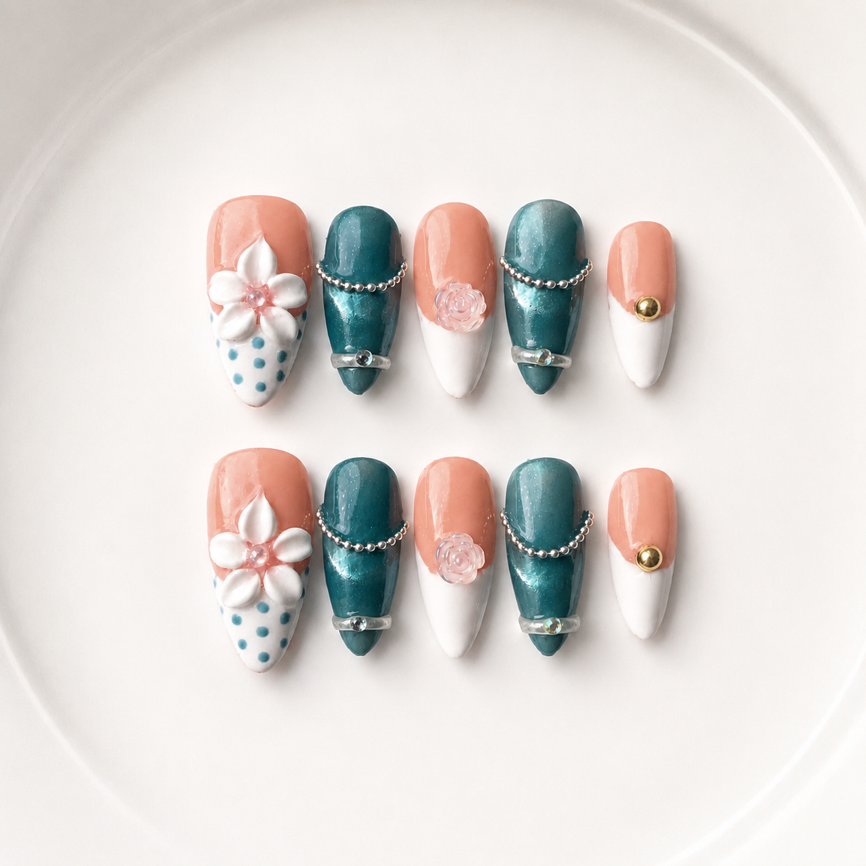 Handmade teal cat eye& peach luxe floral  medium almond nails with pearl chain french tip Y2K gold accent-Teal Petal A025