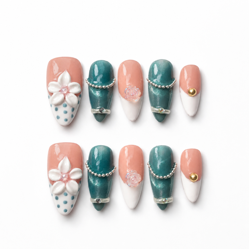 Handmade teal cat eye& peach luxe floral  medium almond nails with pearl chain french tip Y2K gold accent-Teal Petal A025
