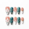 Handmade teal cat eye& peach luxe floral  medium almond nails with pearl chain french tip Y2K gold accent-Teal Petal A025