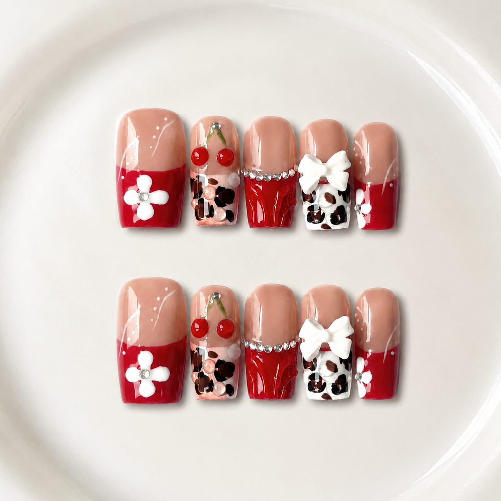 Handmade medium coffin red cherry french tip press on nails coquette leopard -Cherry pop A036
