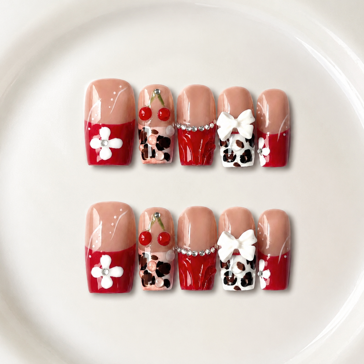 Handmade medium coffin red cherry french tip press on nails coquette leopard -Cherry pop A036