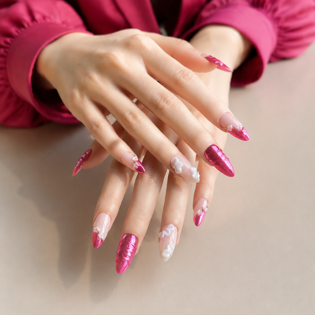 Handmade medium almond hot pink metallic press on nails with 3D floral accent nude pink gold design-Hot Pink A035