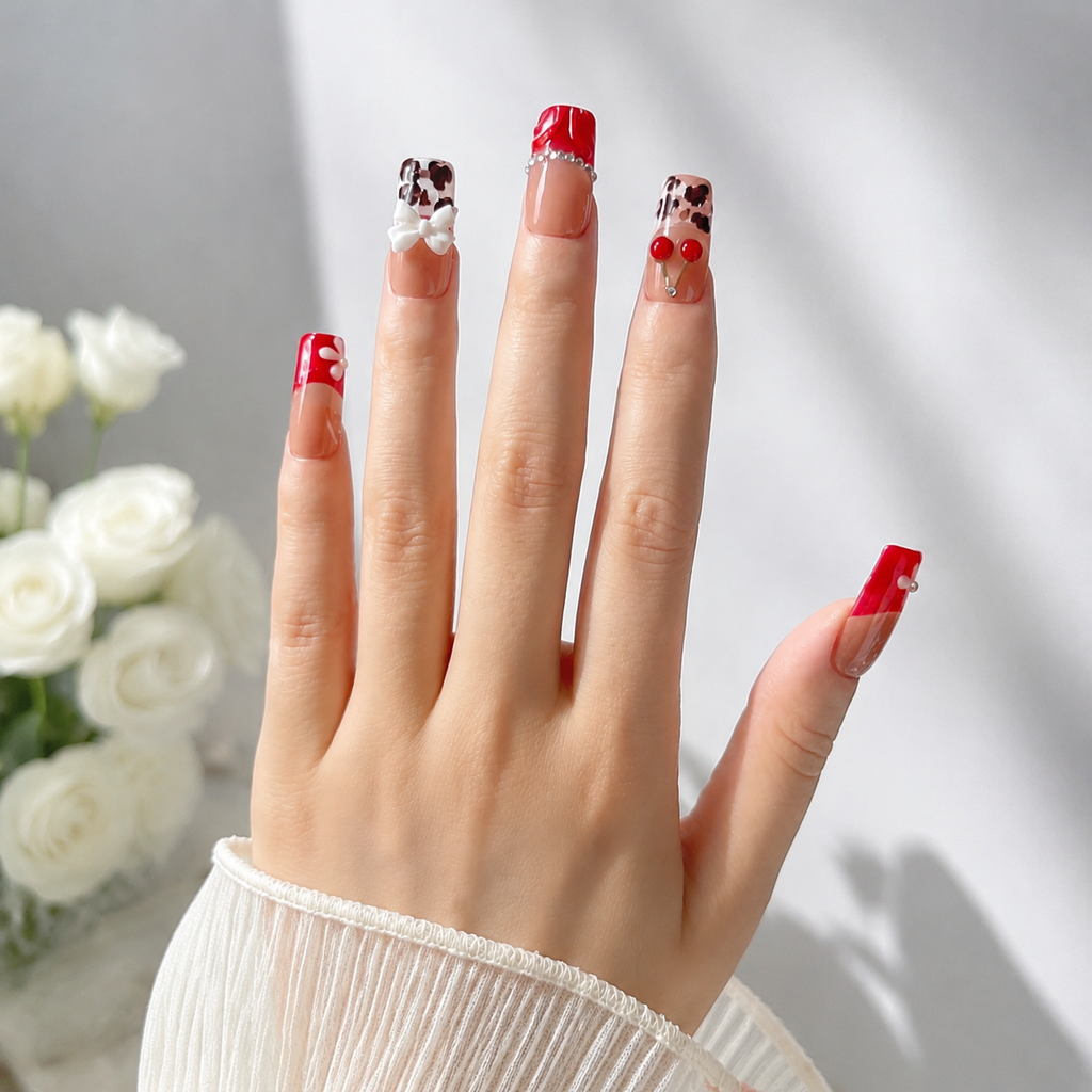 Handmade medium coffin red cherry french tip press on nails coquette leopard -Cherry pop A036