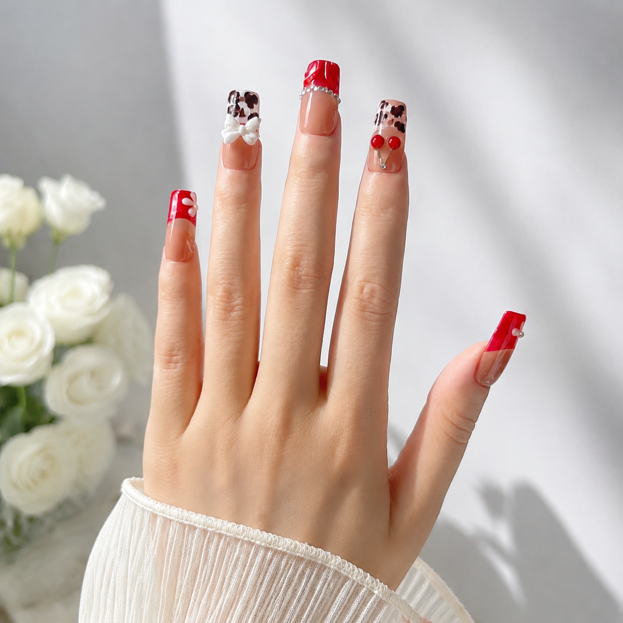 Handmade medium coffin red cherry french tip press on nails coquette leopard -Cherry pop A036