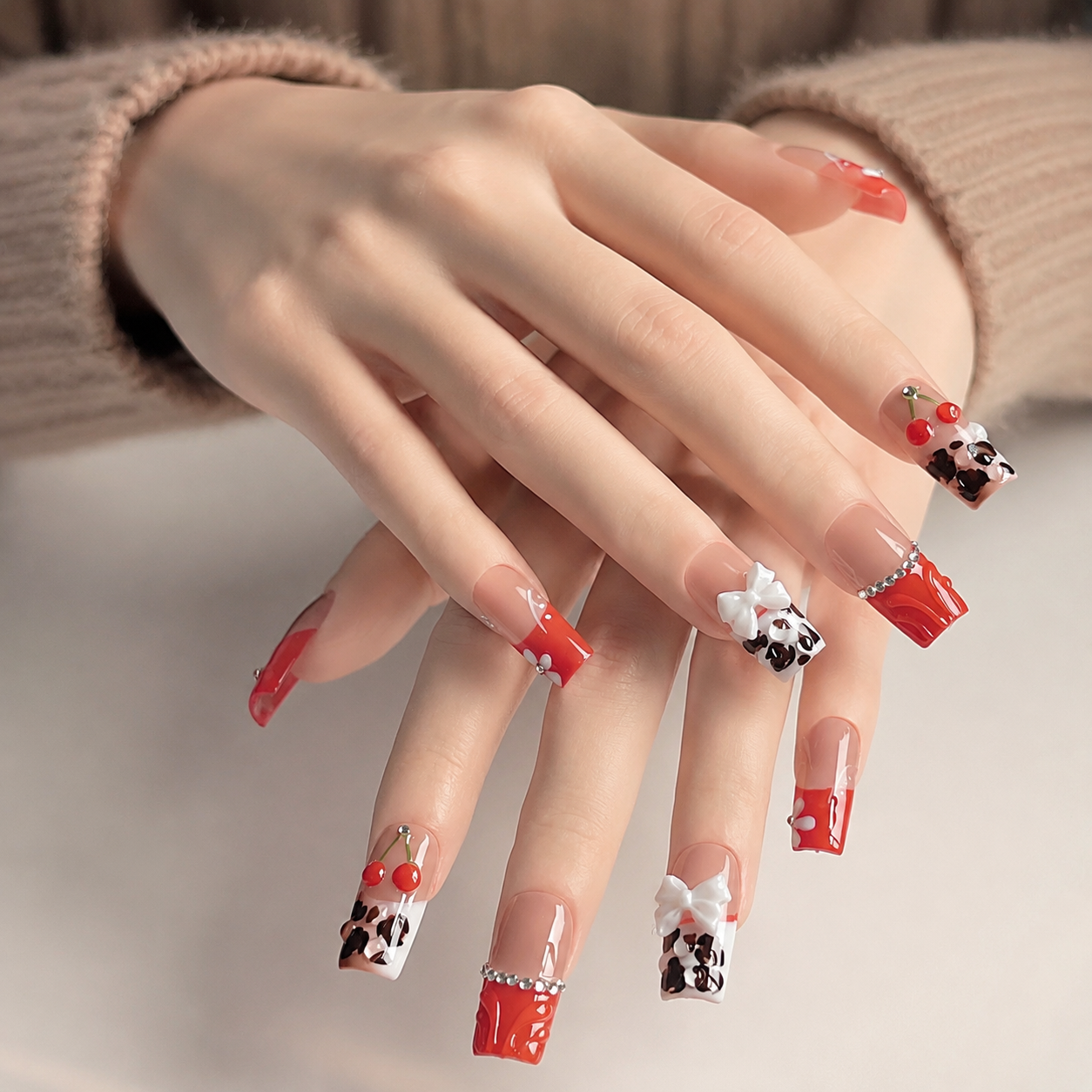 Handmade medium coffin red cherry french tip press on nails coquette leopard -Cherry pop A036
