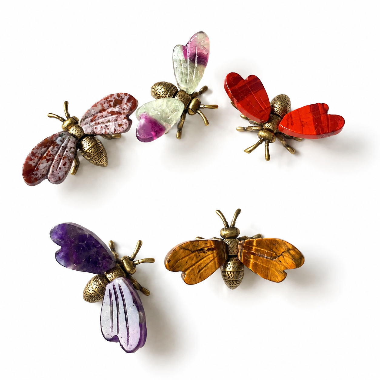 Crystal Bee Figurine Multicolor Gemstone Insect Sculpture with Gold Metal Detailing-C008