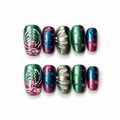 Handmade short oval Nails Green Pink Blue Metallic Glossy Abstract Design False Nails-Biolume Insect A033