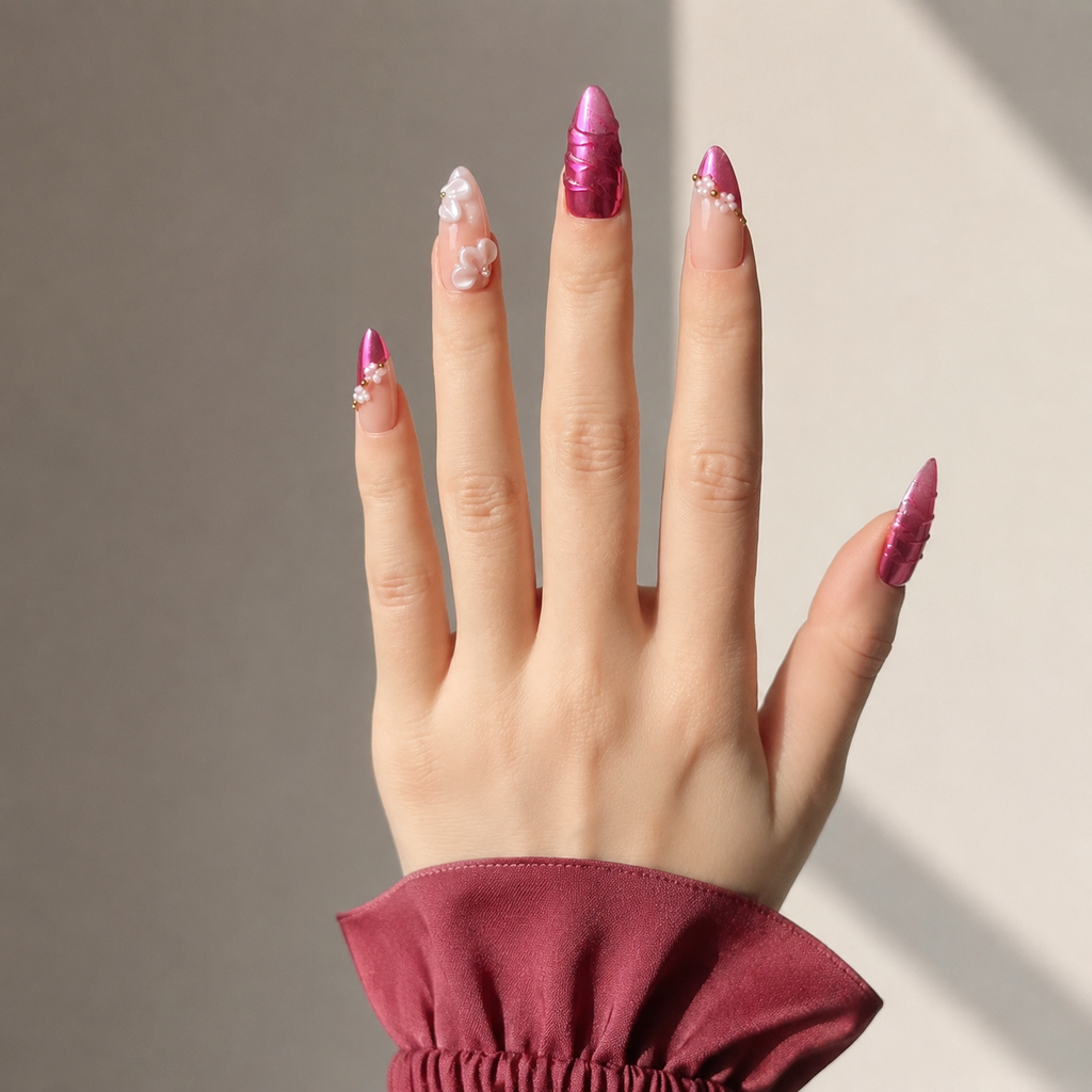 Handmade medium almond hot pink metallic press on nails with 3D floral accent nude pink gold design-Hot Pink A035