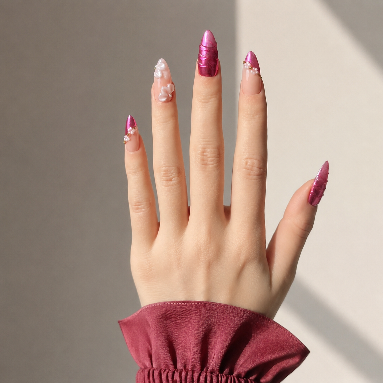 Handmade medium almond hot pink metallic press on nails with 3D floral accent nude pink gold design-Hot Pink A035