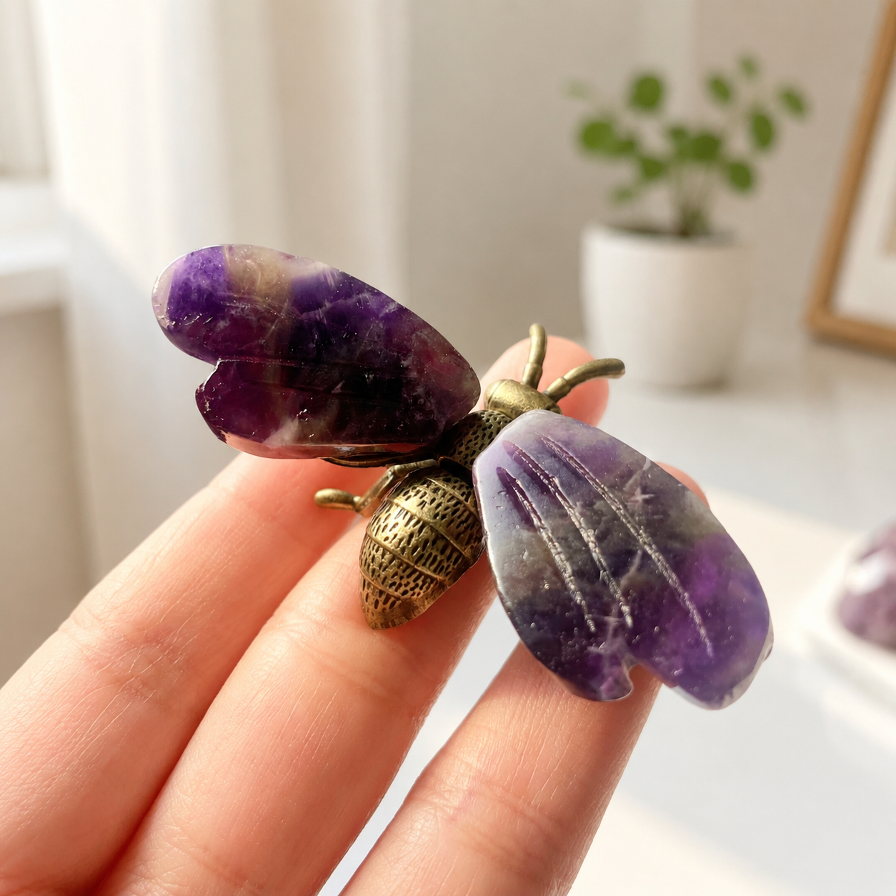 Crystal Bee Figurine Multicolor Gemstone Insect Sculpture with Gold Metal Detailing-C008