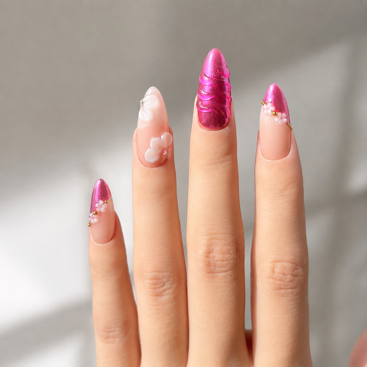 Handmade medium almond hot pink metallic press on nails with 3D floral accent nude pink gold design-Hot Pink A035