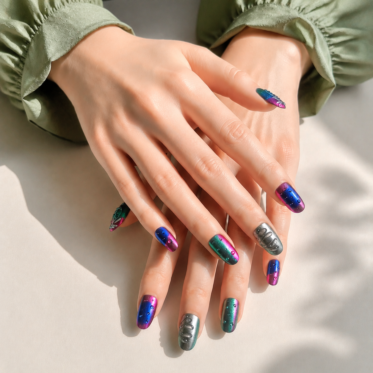 Handmade short oval Nails Green Pink Blue Metallic Glossy Abstract Design False Nails-Biolume Insect A033