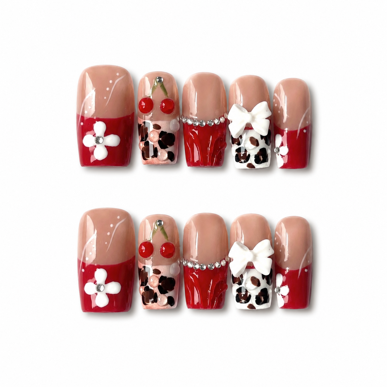 Handmade medium coffin red cherry french tip press on nails coquette leopard -Cherry pop A036