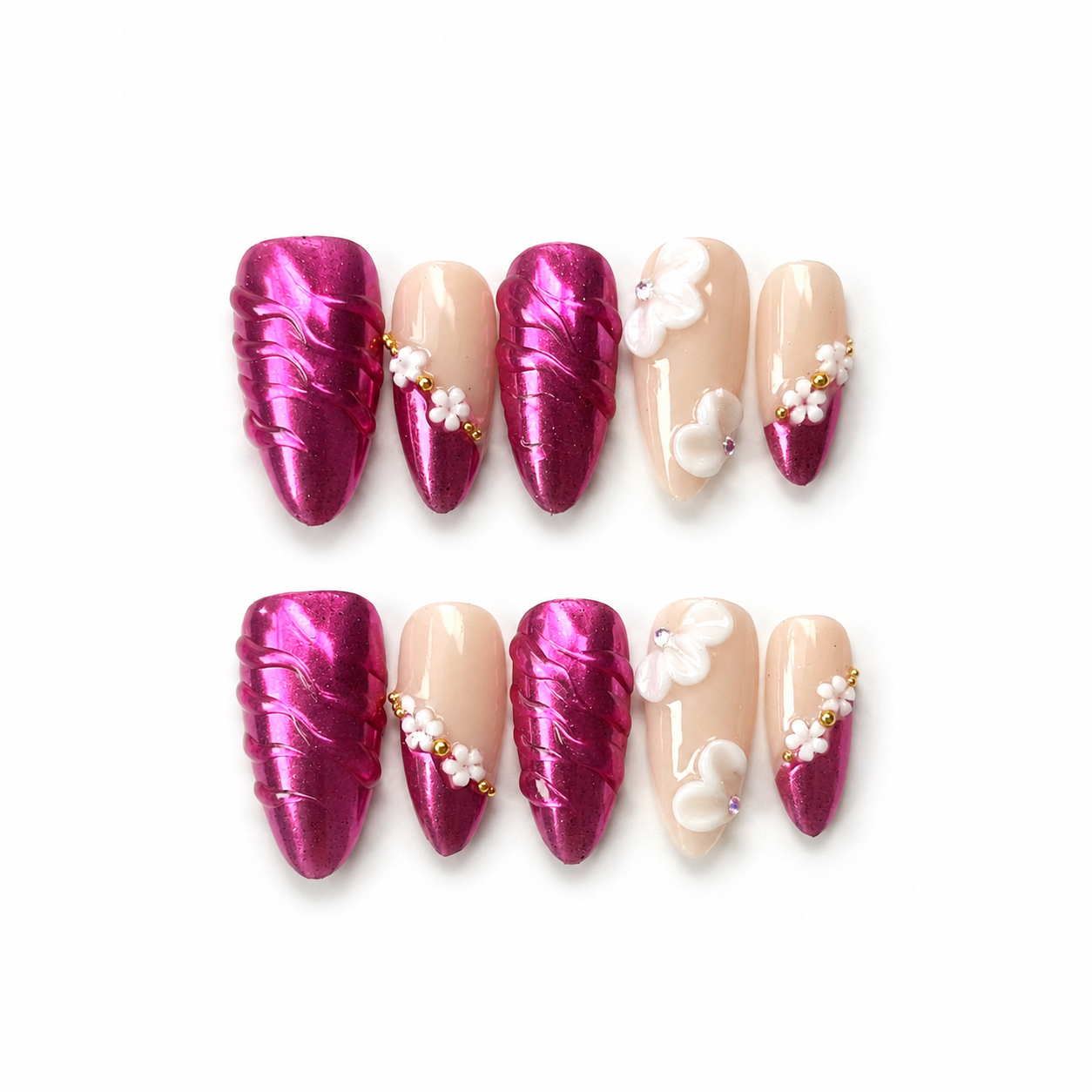 Handmade medium almond hot pink metallic press on nails with 3D floral accent nude pink gold design-Hot Pink A035