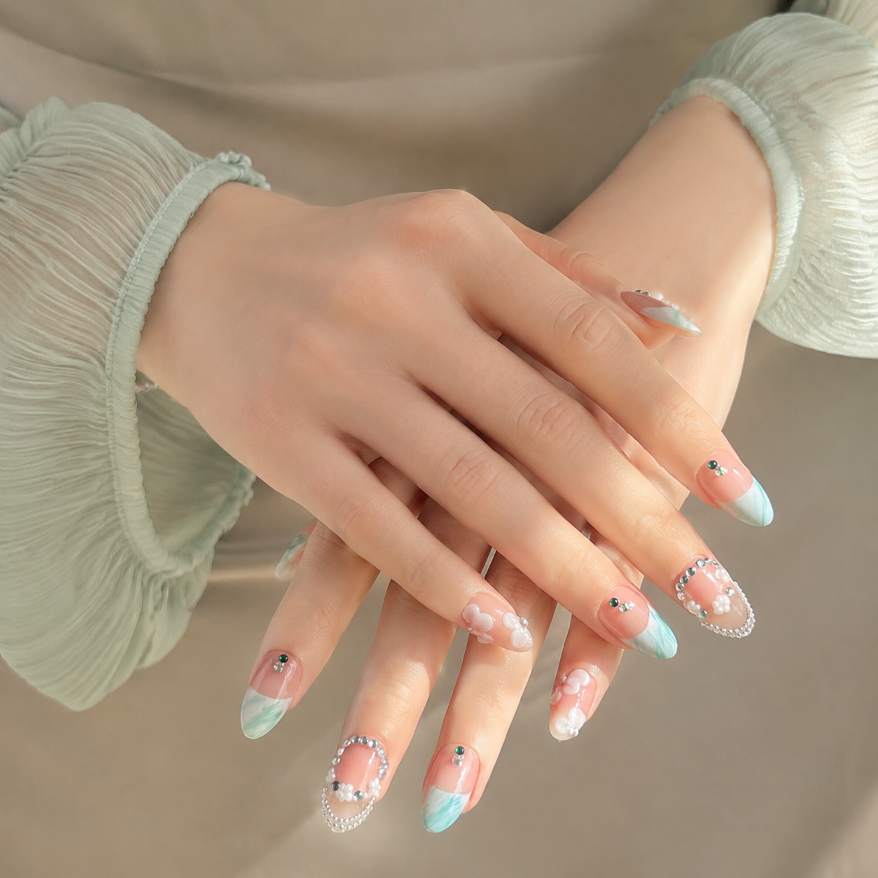 Handmade short almond nails nude green french press-on nails with rhinestone chain & 3D flower detail-Luna Garden A034
