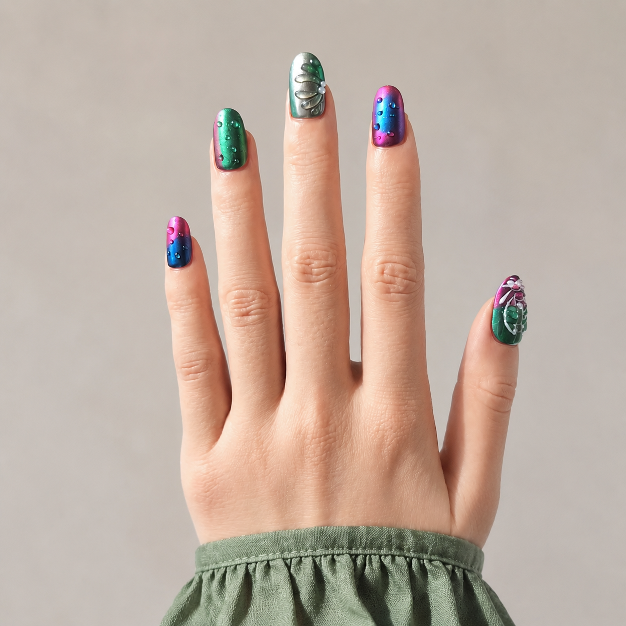 Handmade short oval Nails Green Pink Blue Metallic Glossy Abstract Design False Nails-Biolume Insect A033