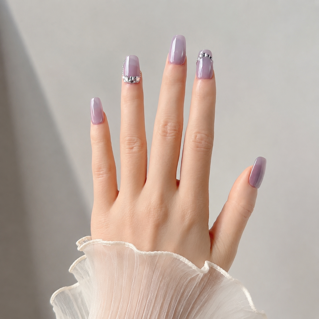 Handmade short coffin lavender pearl chrome press on nails glossy fake nails with rhinestone chain accent soft glam-Lavender A037