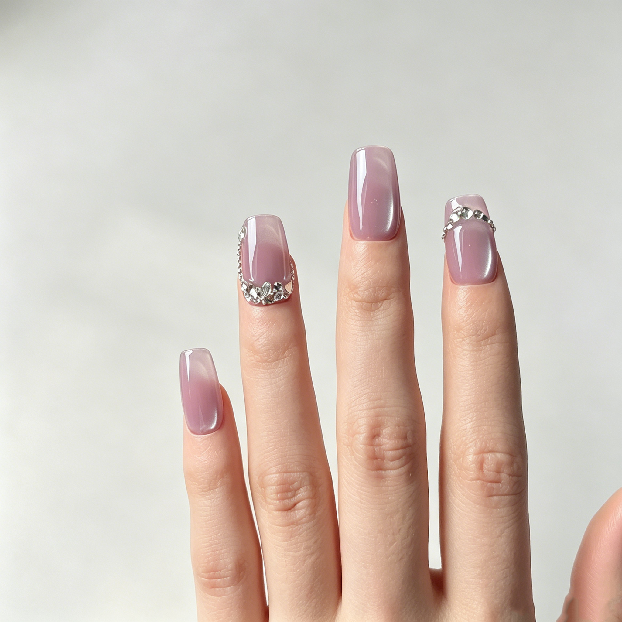 Handmade short coffin lavender pearl chrome press on nails glossy fake nails with rhinestone chain accent soft glam-Lavender A037