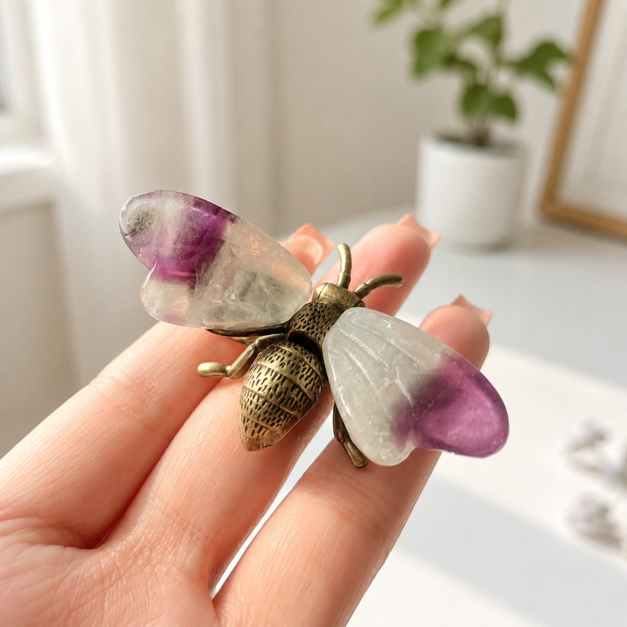 Crystal Bee Figurine Multicolor Gemstone Insect Sculpture with Gold Metal Detailing-C008
