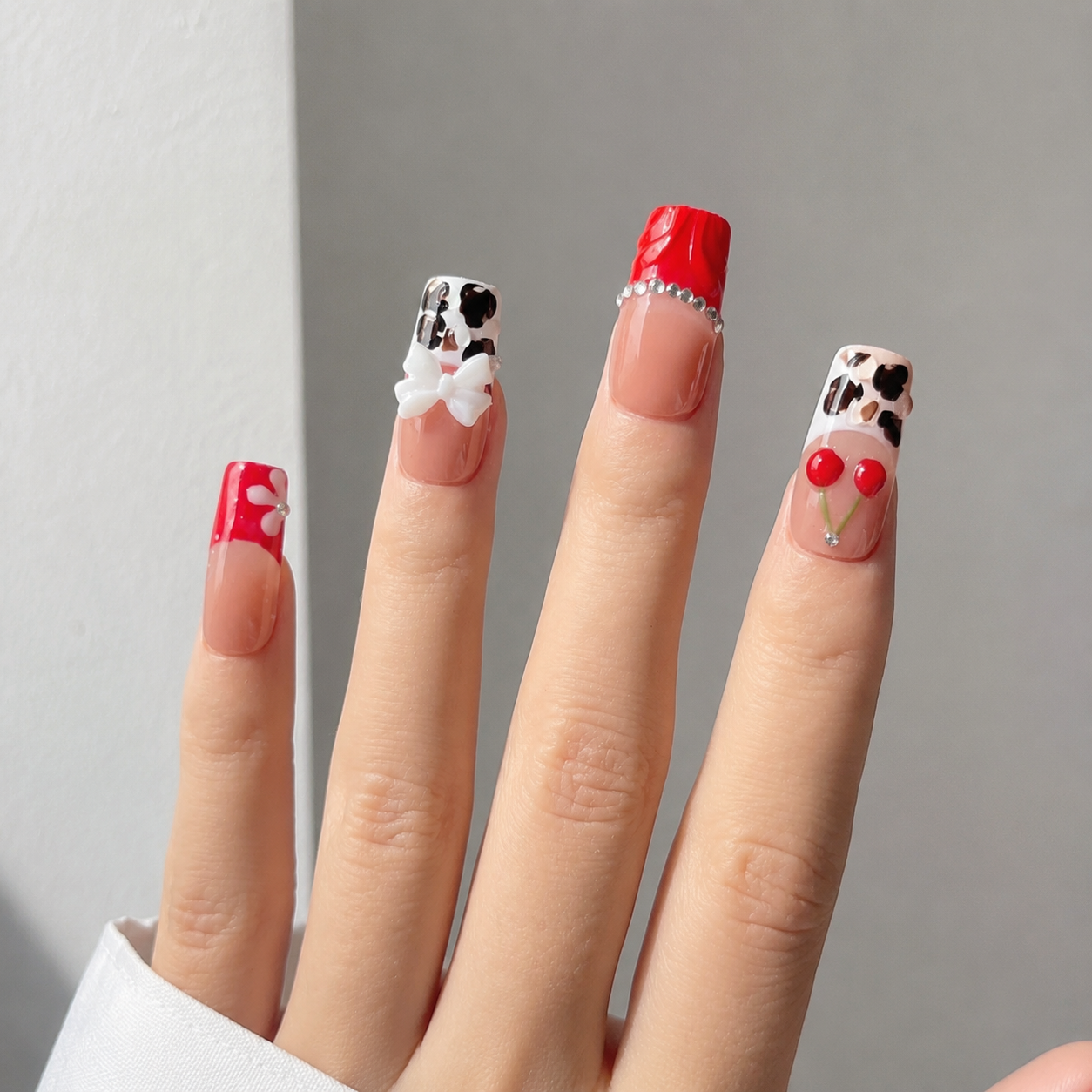 Handmade medium coffin red cherry french tip press on nails coquette leopard -Cherry pop A036