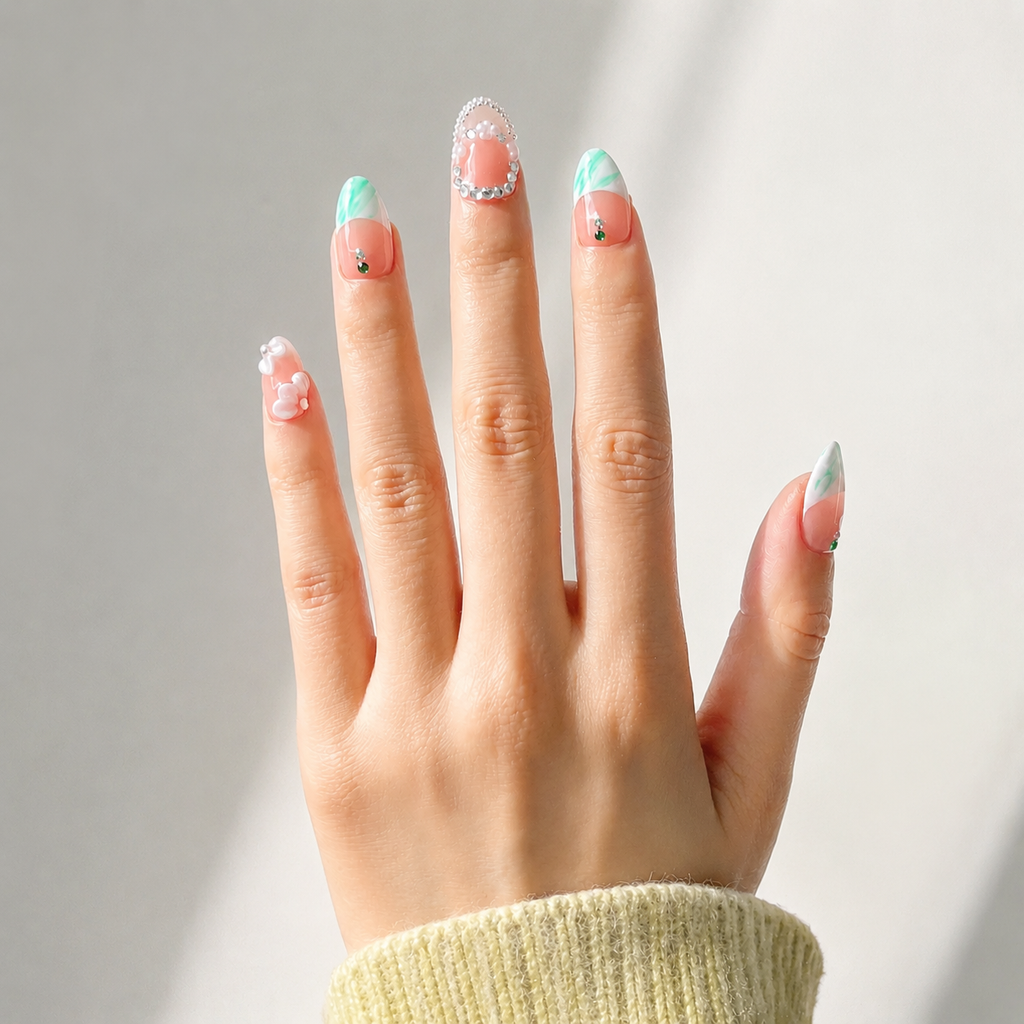 Handmade short almond nails nude green french press-on nails with rhinestone chain & 3D flower detail-Luna Garden A034