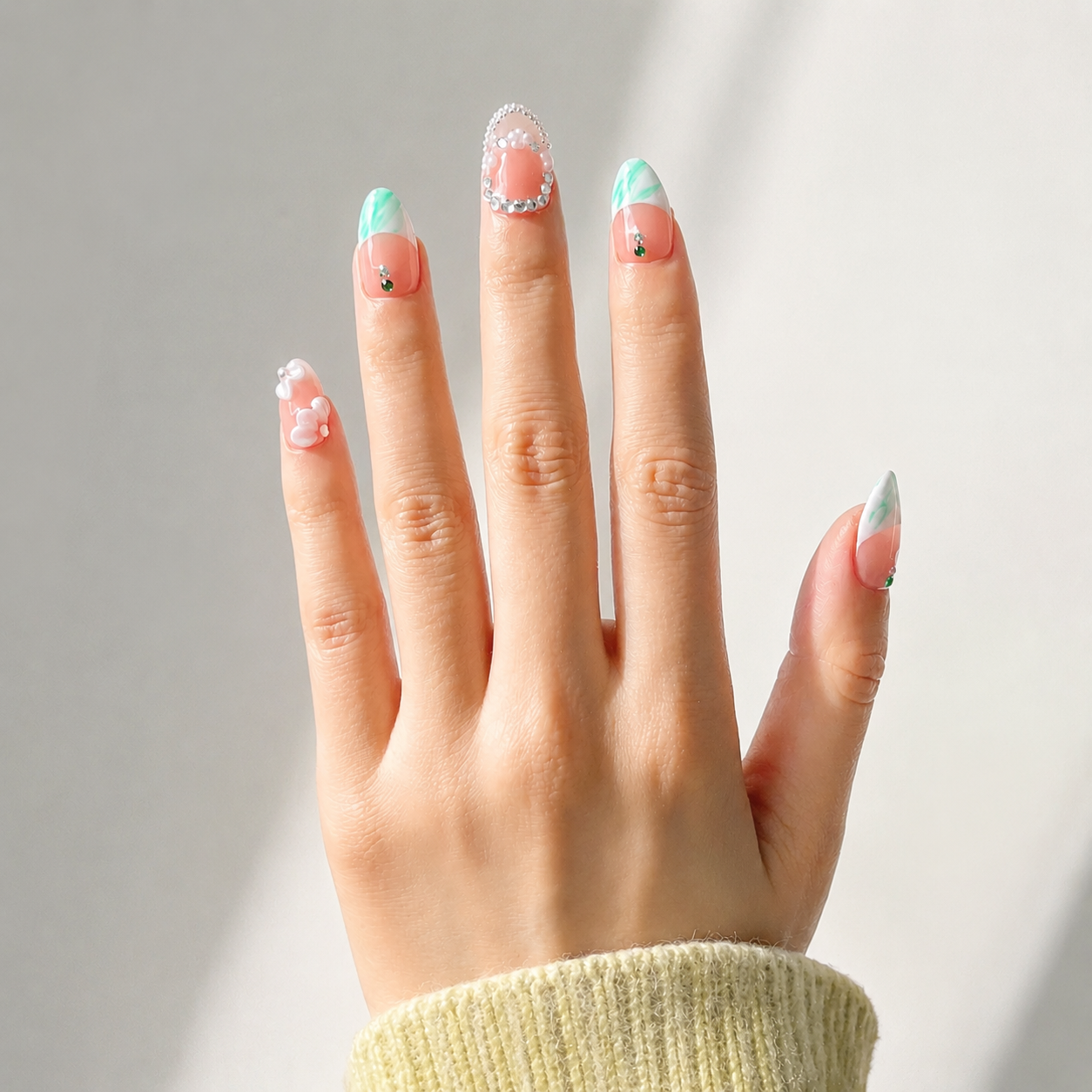 Handmade short almond nails nude green french press-on nails with rhinestone chain & 3D flower detail-Luna Garden A034