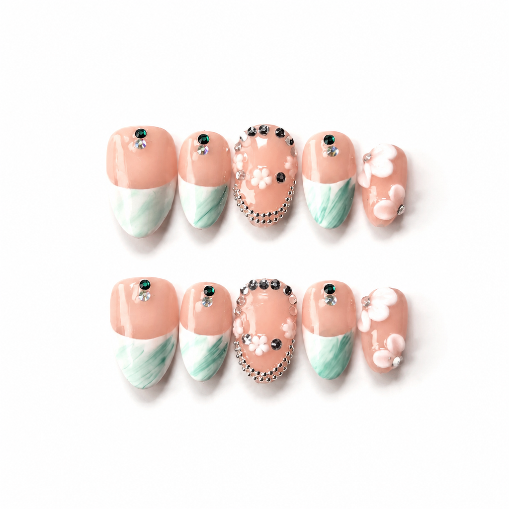 Handmade short almond nails nude green french press-on nails with rhinestone chain & 3D flower detail-Luna Garden A034