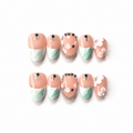 Handmade short almond nails nude green french press-on nails with rhinestone chain & 3D flower detail-Luna Garden A034