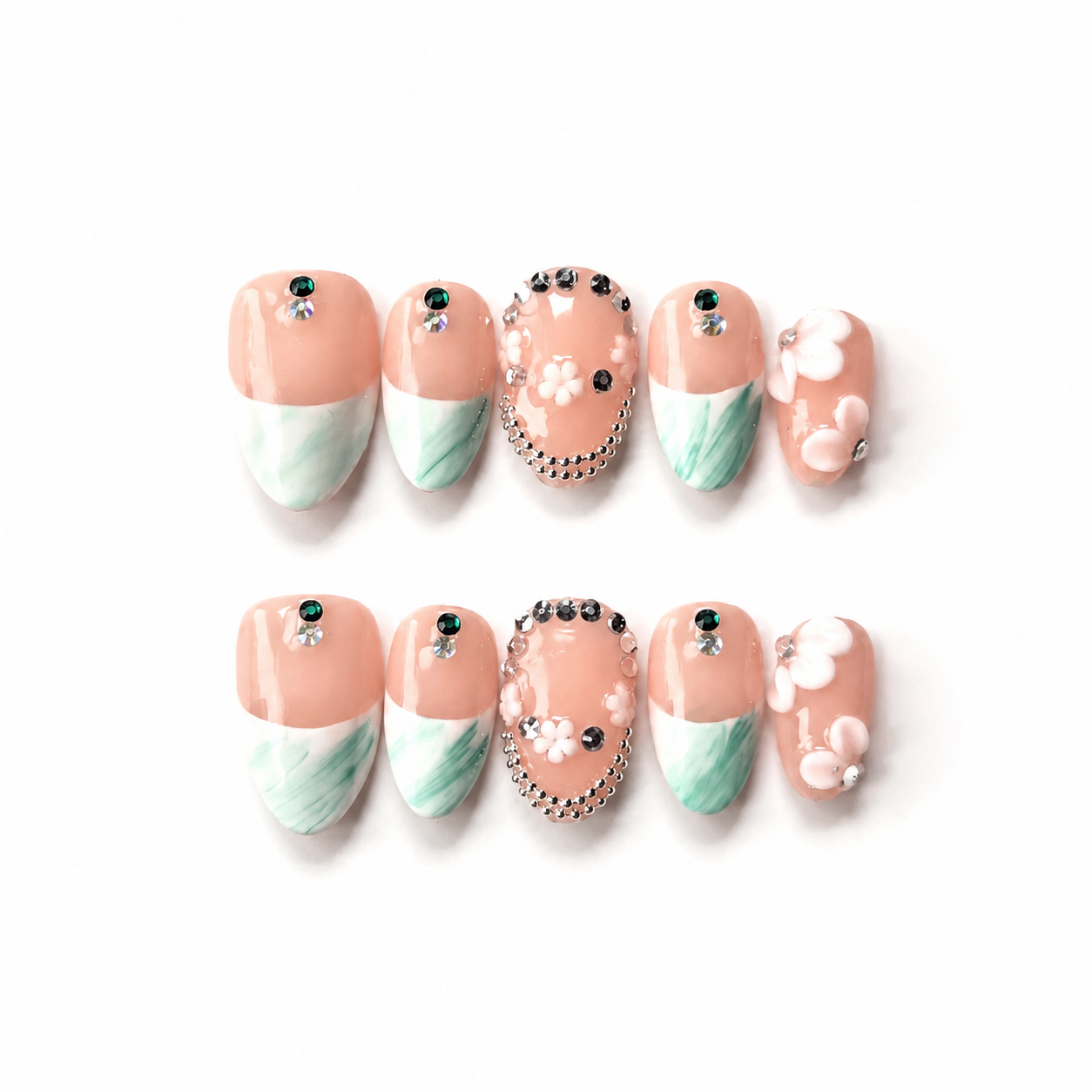 Handmade short almond nails nude green french press-on nails with rhinestone chain & 3D flower detail-Luna Garden A034