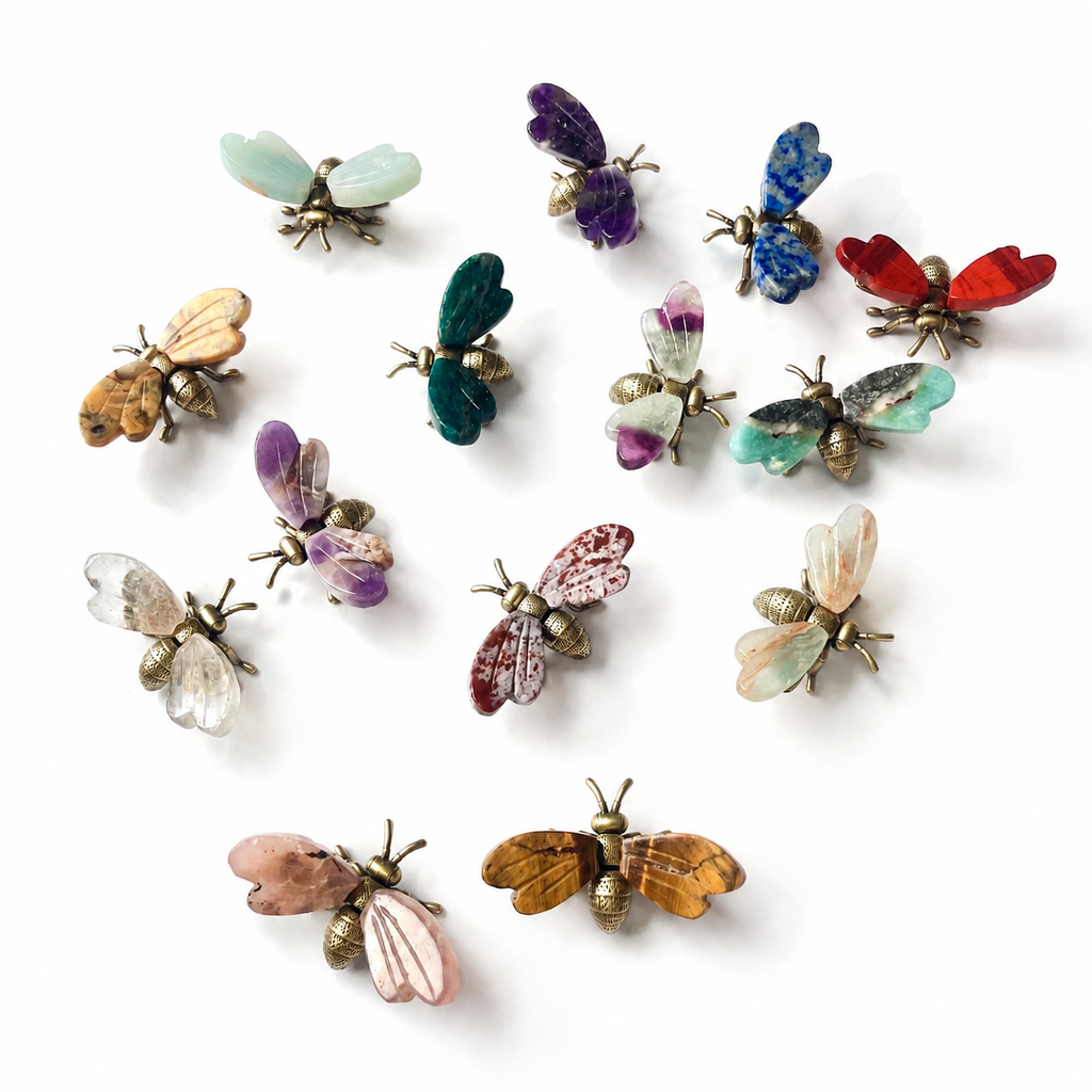 Crystal Bee Figurine Multicolor Gemstone Insect Sculpture with Gold Metal Detailing-C008