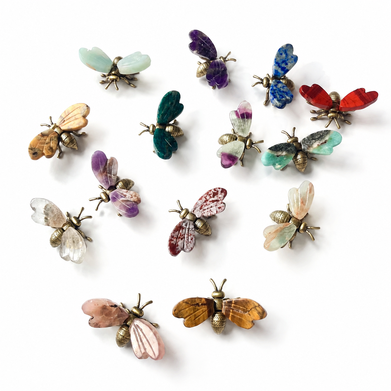 Crystal Bee Figurine Multicolor Gemstone Insect Sculpture with Gold Metal Detailing-C008