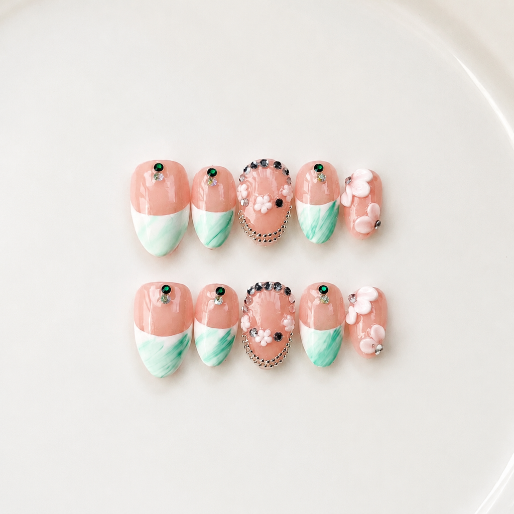 Handmade short almond nails nude green french press-on nails with rhinestone chain & 3D flower detail-Luna Garden A034