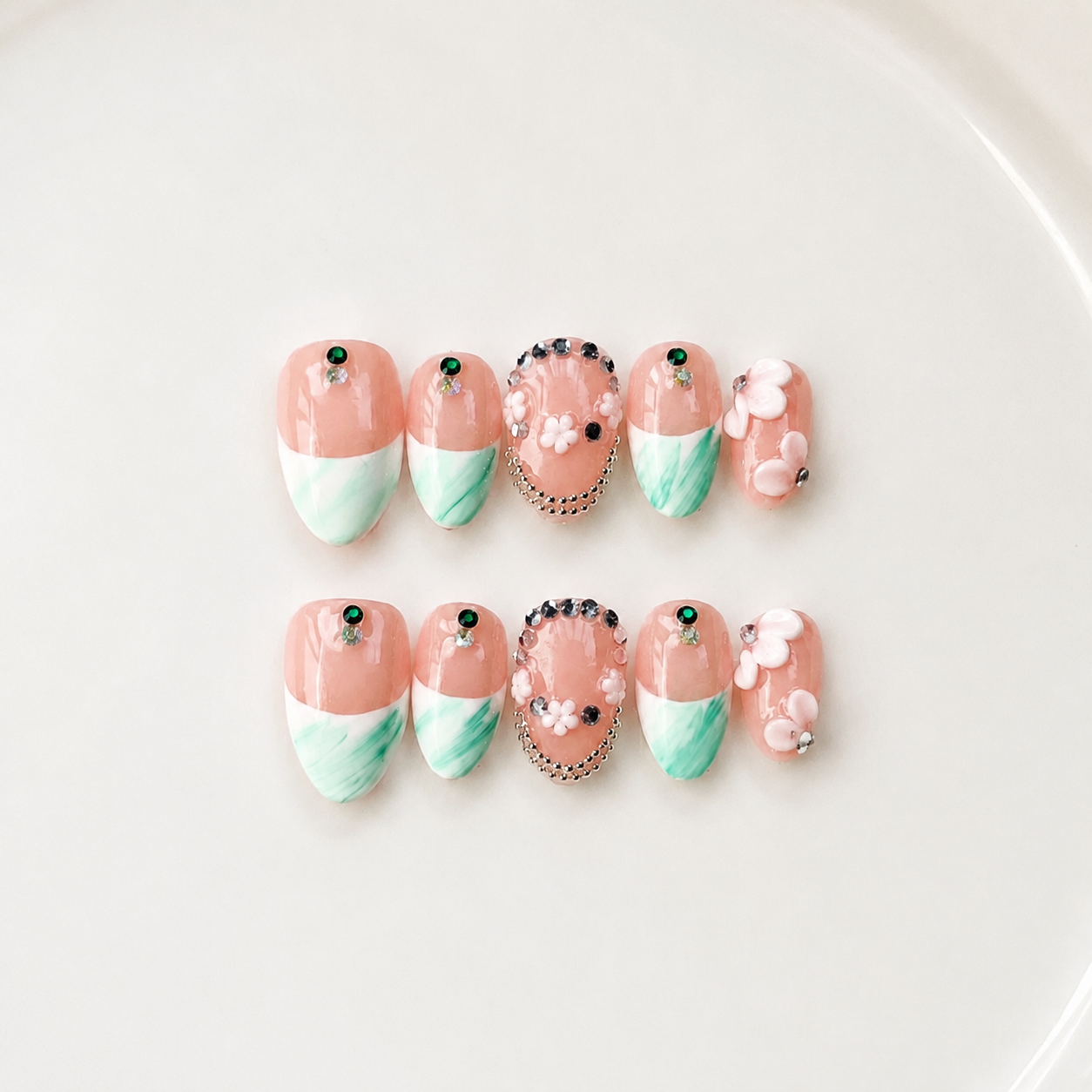 Handmade short almond nails nude green french press-on nails with rhinestone chain & 3D flower detail-Luna Garden A034