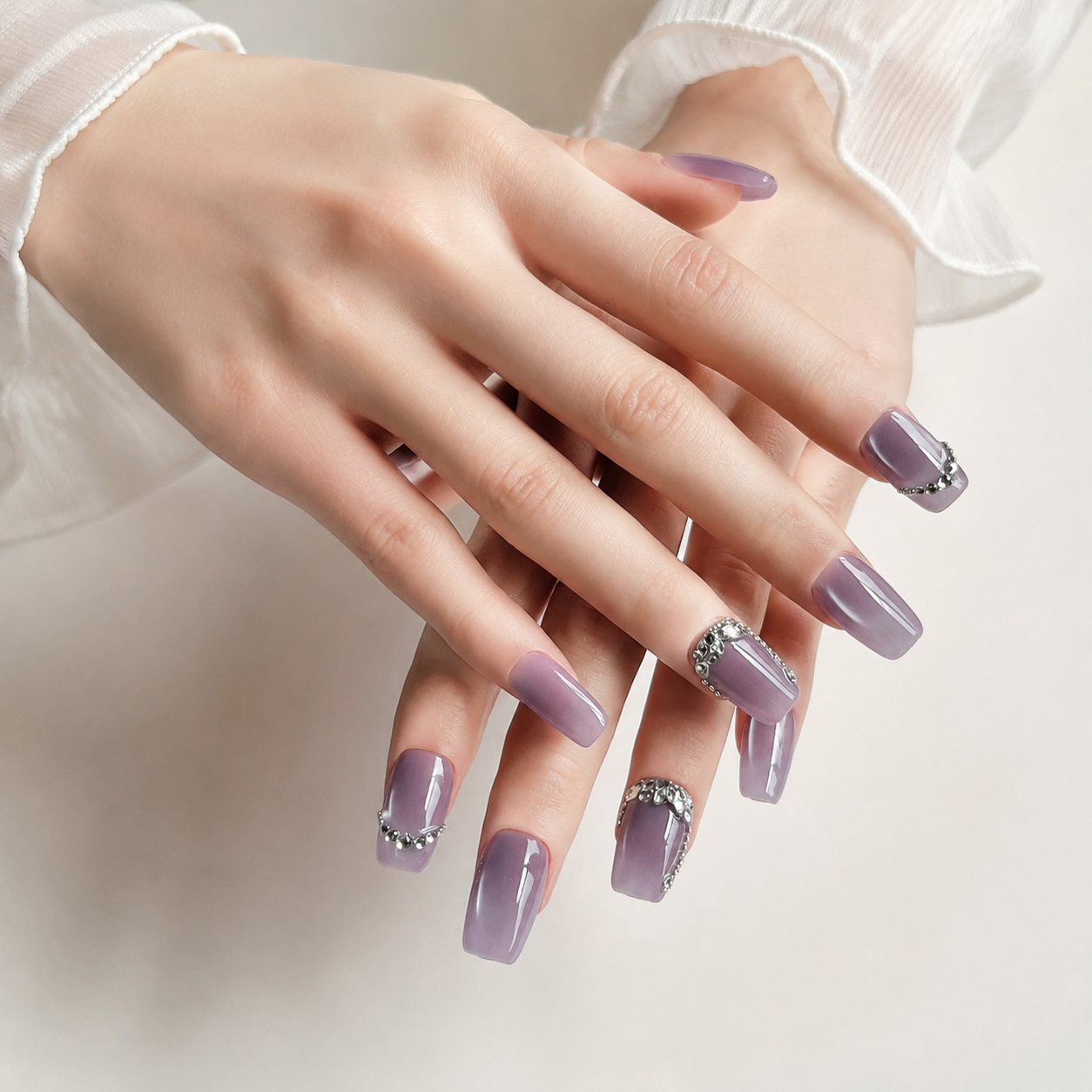 Handmade short coffin lavender pearl chrome press on nails glossy fake nails with rhinestone chain accent soft glam-Lavender A037