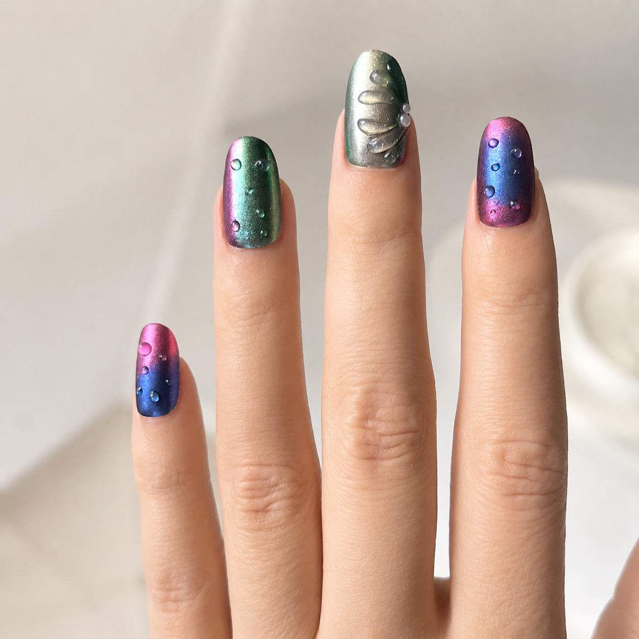 Handmade short oval Nails Green Pink Blue Metallic Glossy Abstract Design False Nails-Biolume Insect A033