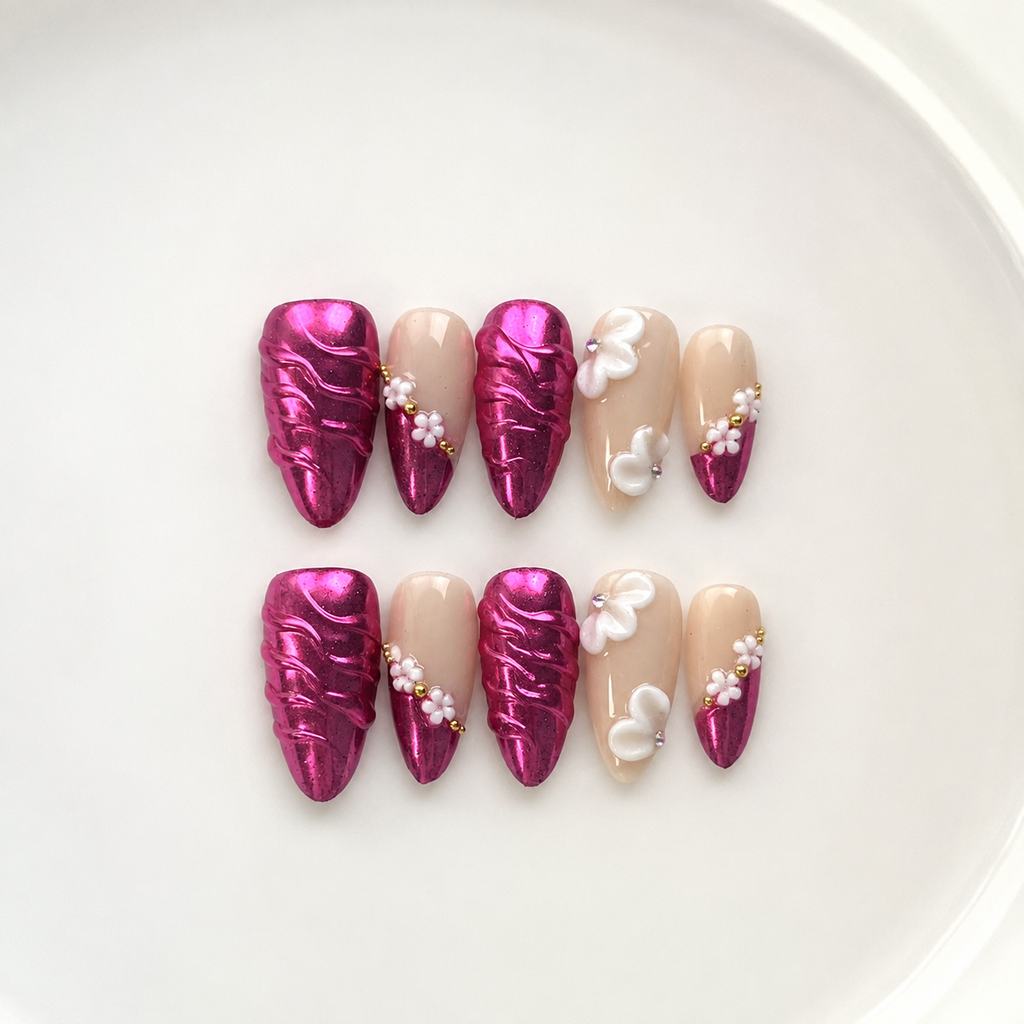 Handmade medium almond hot pink metallic press on nails with 3D floral accent nude pink gold design-Hot Pink A035