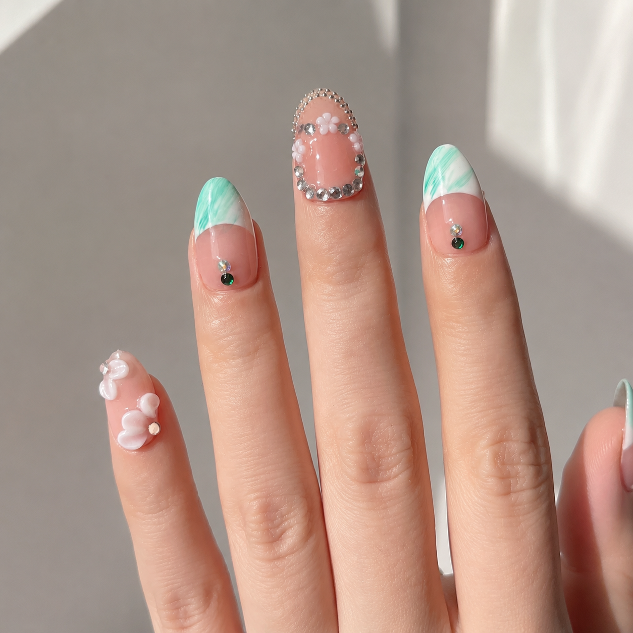 Handmade short almond nails nude green french press-on nails with rhinestone chain & 3D flower detail-Luna Garden A034