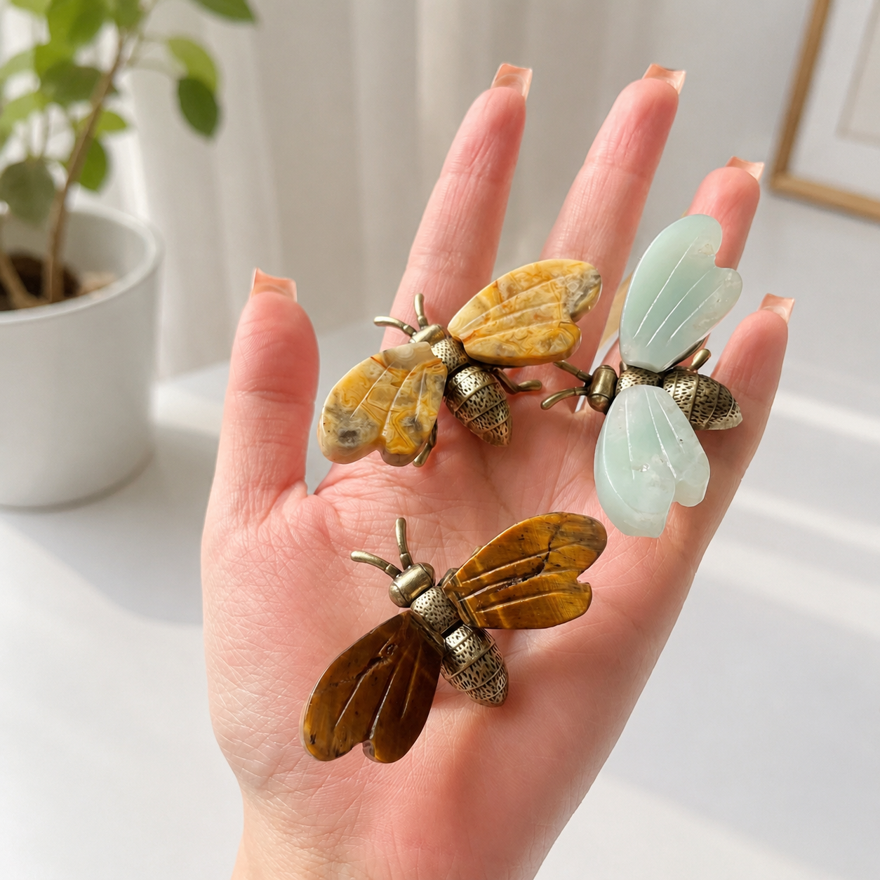 Crystal Bee Figurine Multicolor Gemstone Insect Sculpture with Gold Metal Detailing-C008