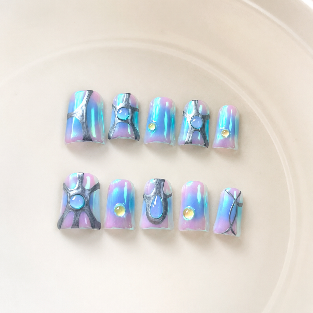 Handmade short duckbil aurora nails Y2K iridescent blue pink chrome futuristic 3D gel fake nails-Blue Prism A045
