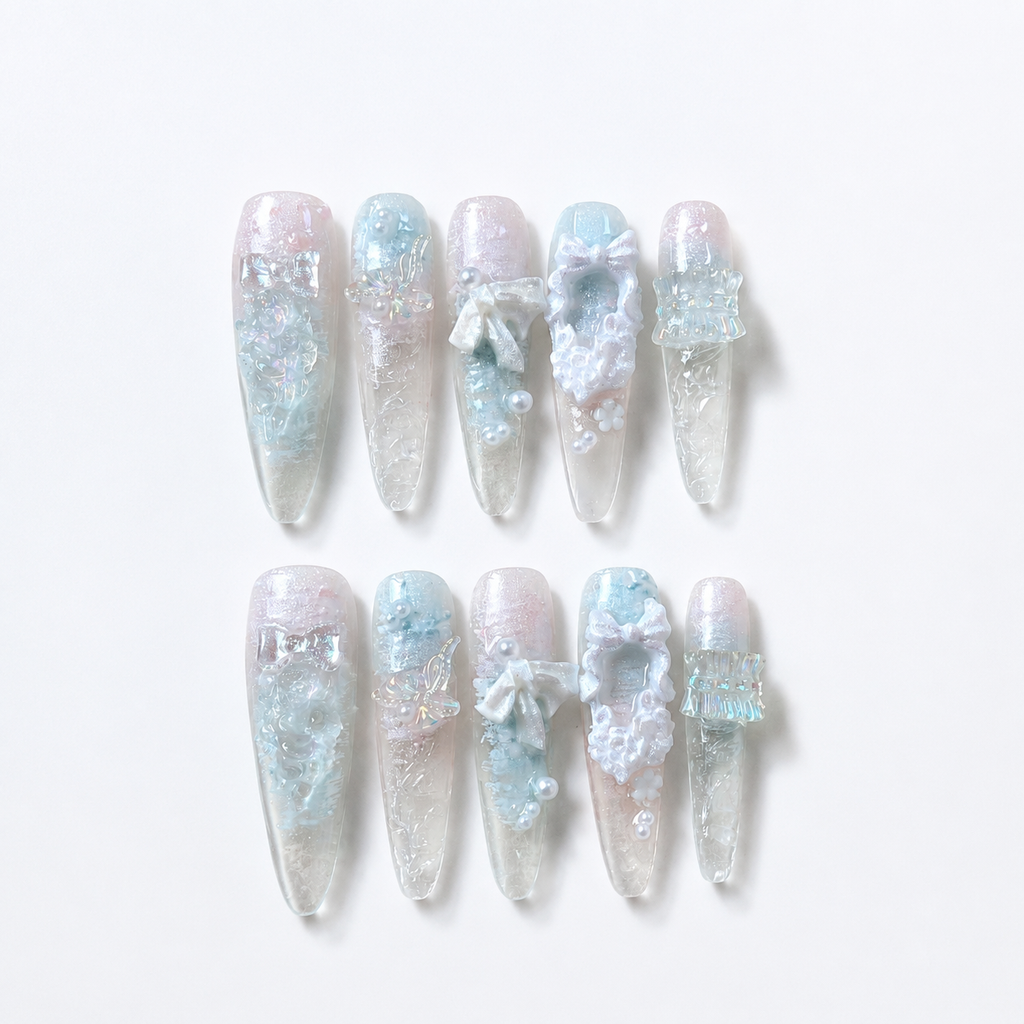 Handmade pastel blue pink glitter floral press on nails long stiletto 3D bow nail set-Ice Petal A040