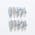 Handmade pastel blue pink glitter floral press on nails long stiletto 3D bow nail set-Ice Petal A040