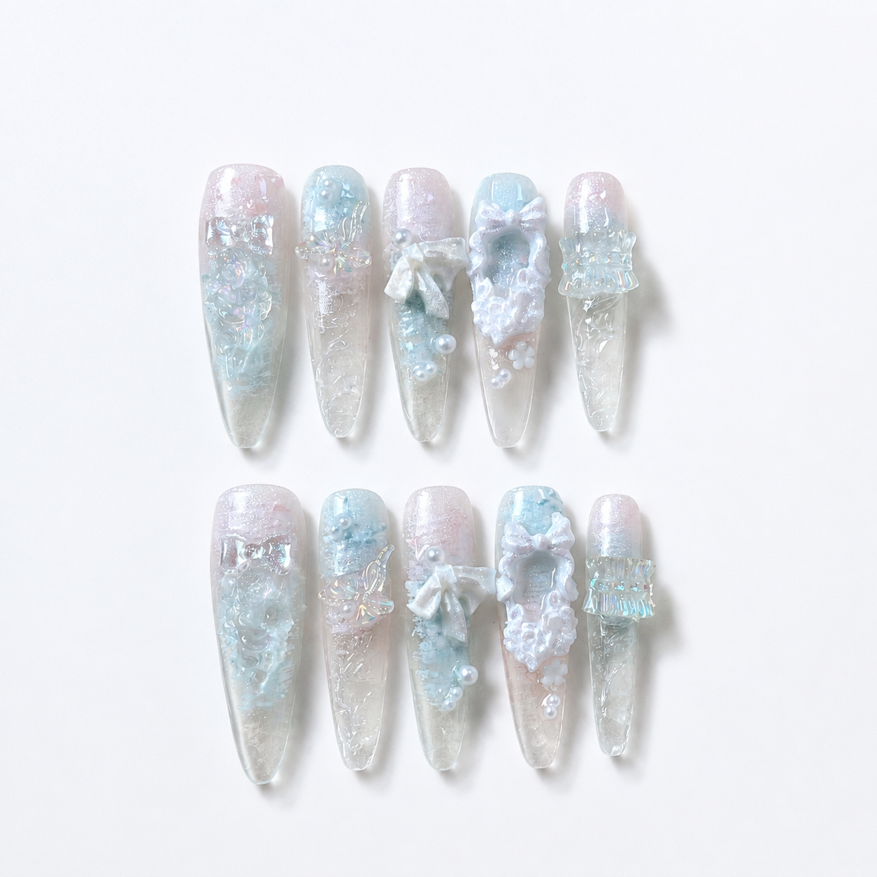 Handmade pastel blue pink glitter floral press on nails long stiletto 3D bow nail set-Ice Petal A040