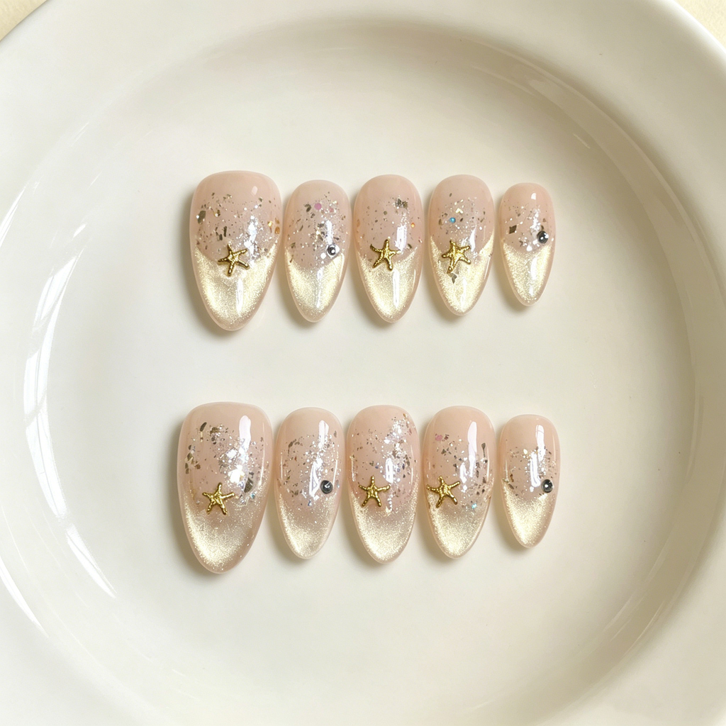 Handmade medium almond pearl starfish ombre cat eye with french nude gold glitter beach inspired elegant summer false nails-Golden Tide A038