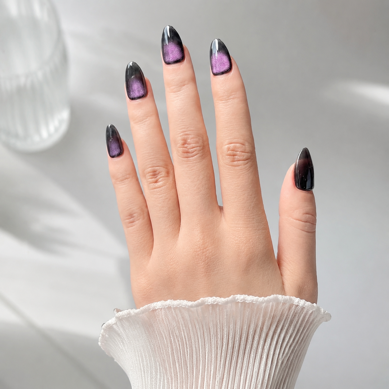 Handmade short almond green purple cat eye french tip press on nails, galaxy shimmer-Milky Way A046