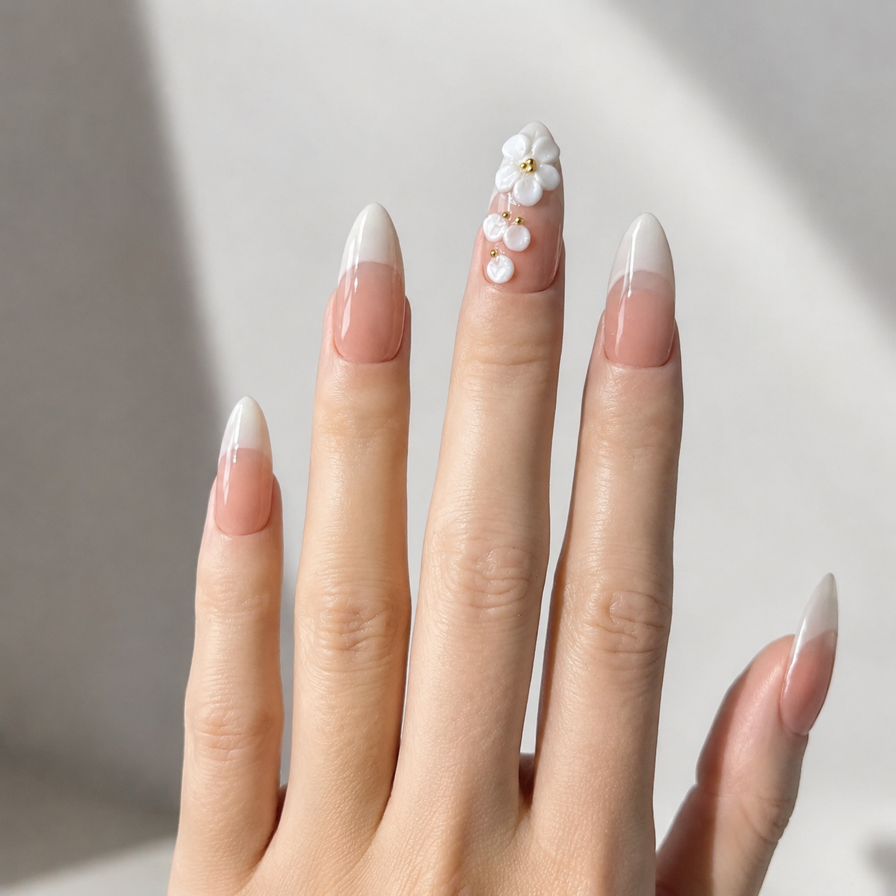 Handmade medium almond off white french tip 3D pearl flower accent elegant nude bridal nails gold bead minimalist-Milky Floral Tips A039