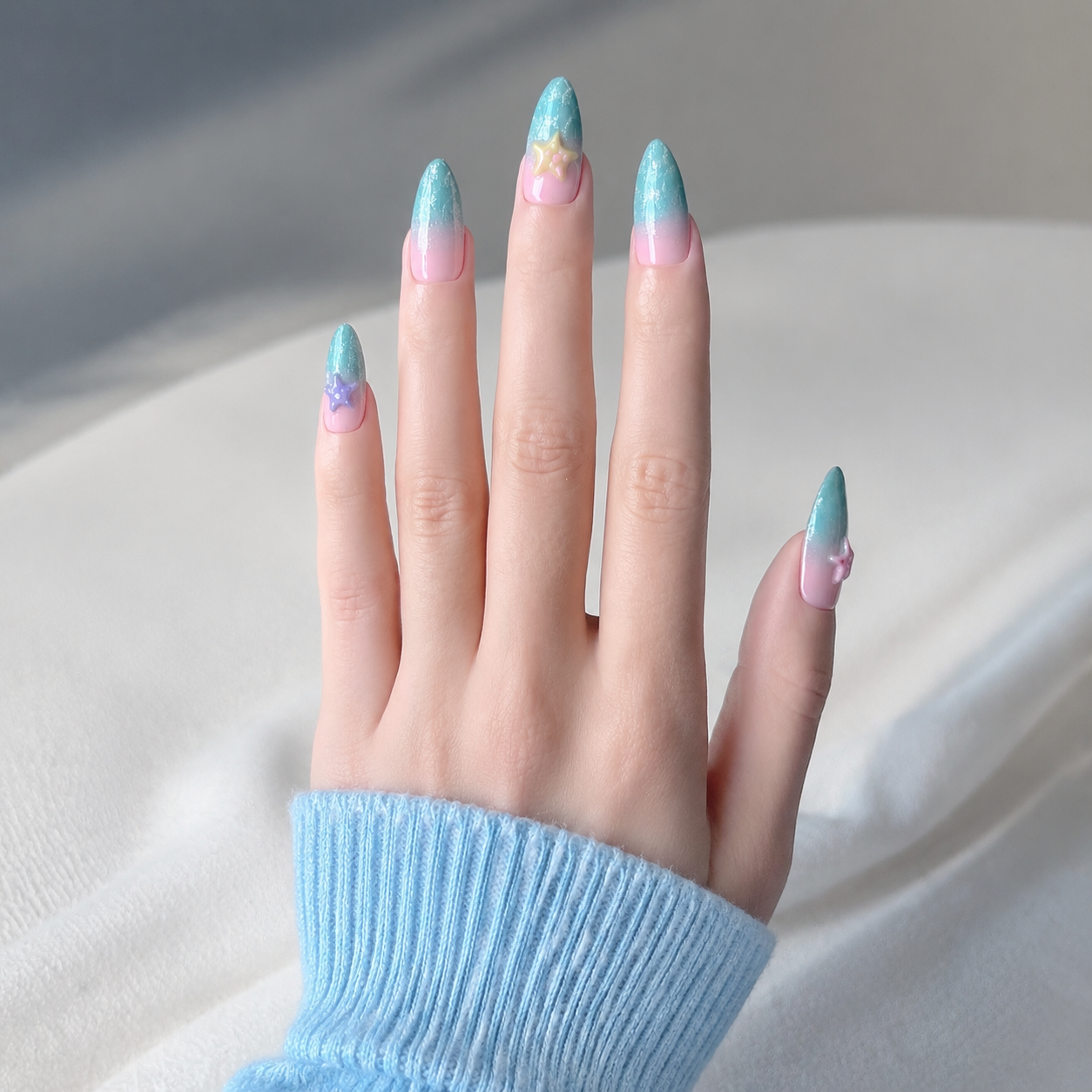 Handmade medium almond clean blue pink ombre and cat eye press on nails with 3D starfish summer-Ocean Pop A044