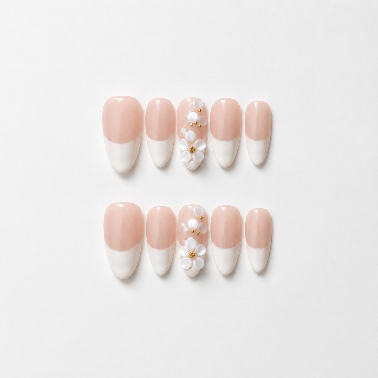 Handmade medium almond off white french tip 3D pearl flower accent elegant nude bridal nails gold bead minimalist-Milky Floral Tips A039