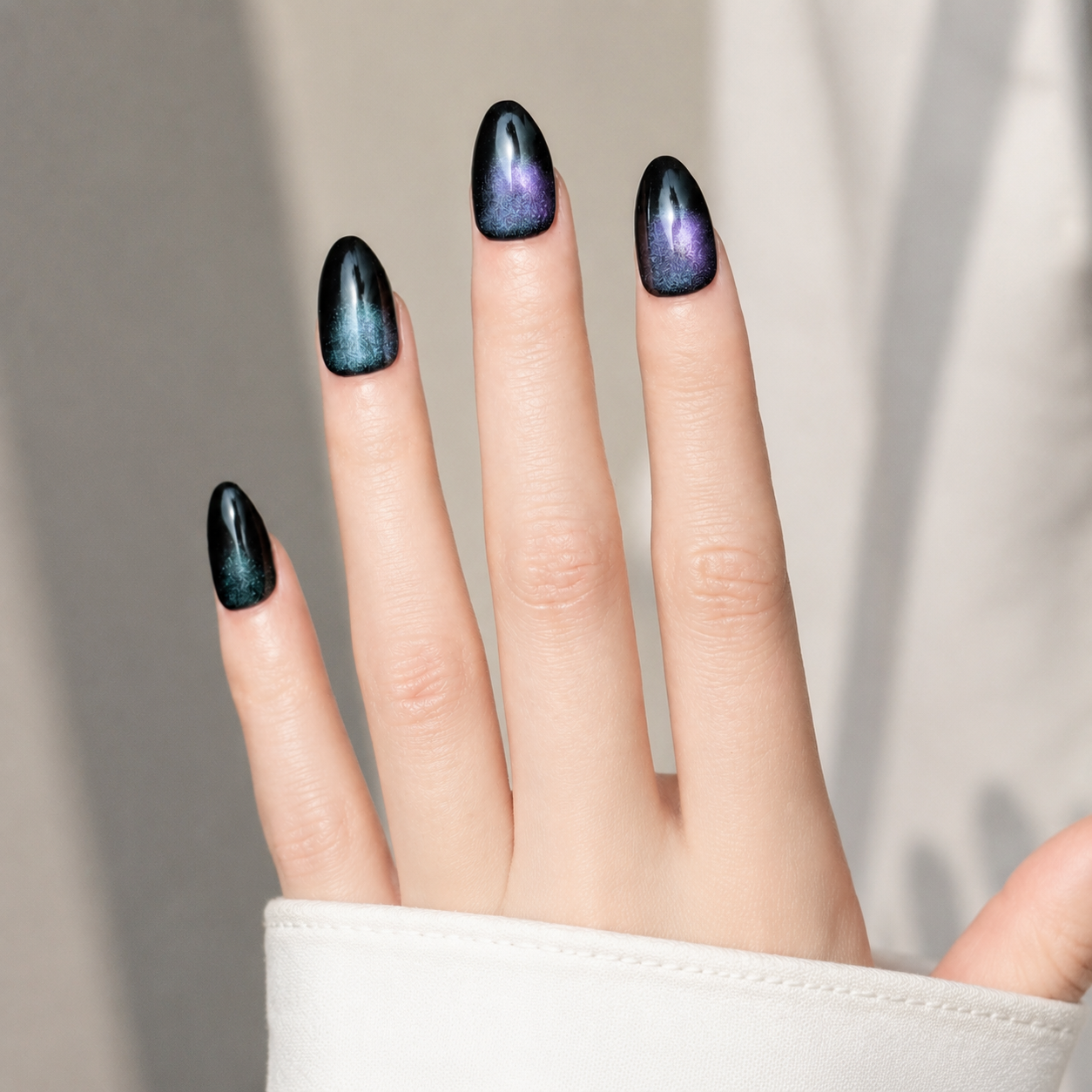 Handmade short almond green purple cat eye french tip press on nails, galaxy shimmer-Milky Way A046