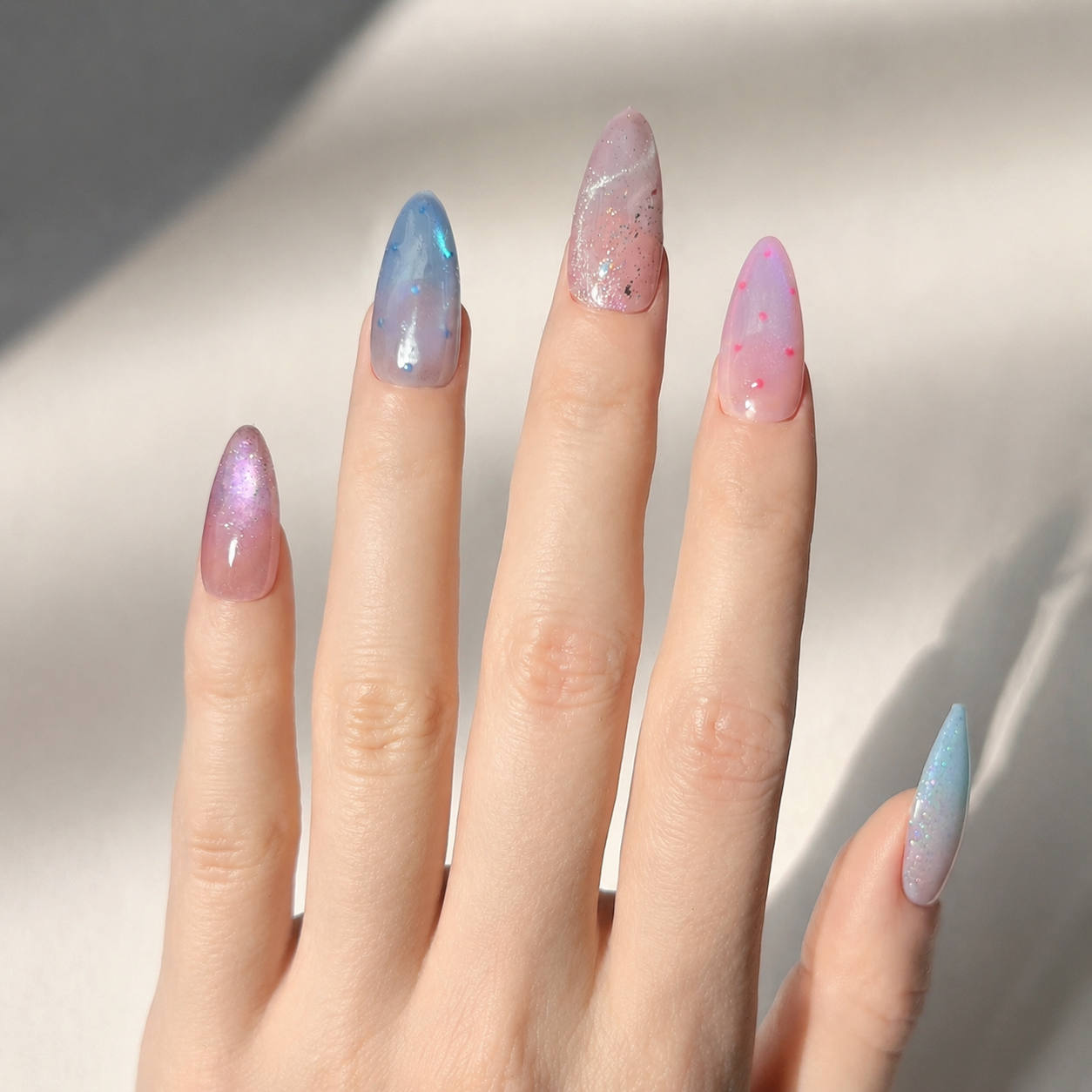 Handmade medium almond pastel candy blue pink cat eye glitter ombre false nails-Candy Mist A042